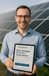 Lächelnder PV-Berater hält Tablet mit SolarLab-Website vor Solarmodulen – zeigt Nutzen starker Online-Präsenz für PV-Unternehmen. – SolarLab verbindet PV & Online-Sichtbarkeit
