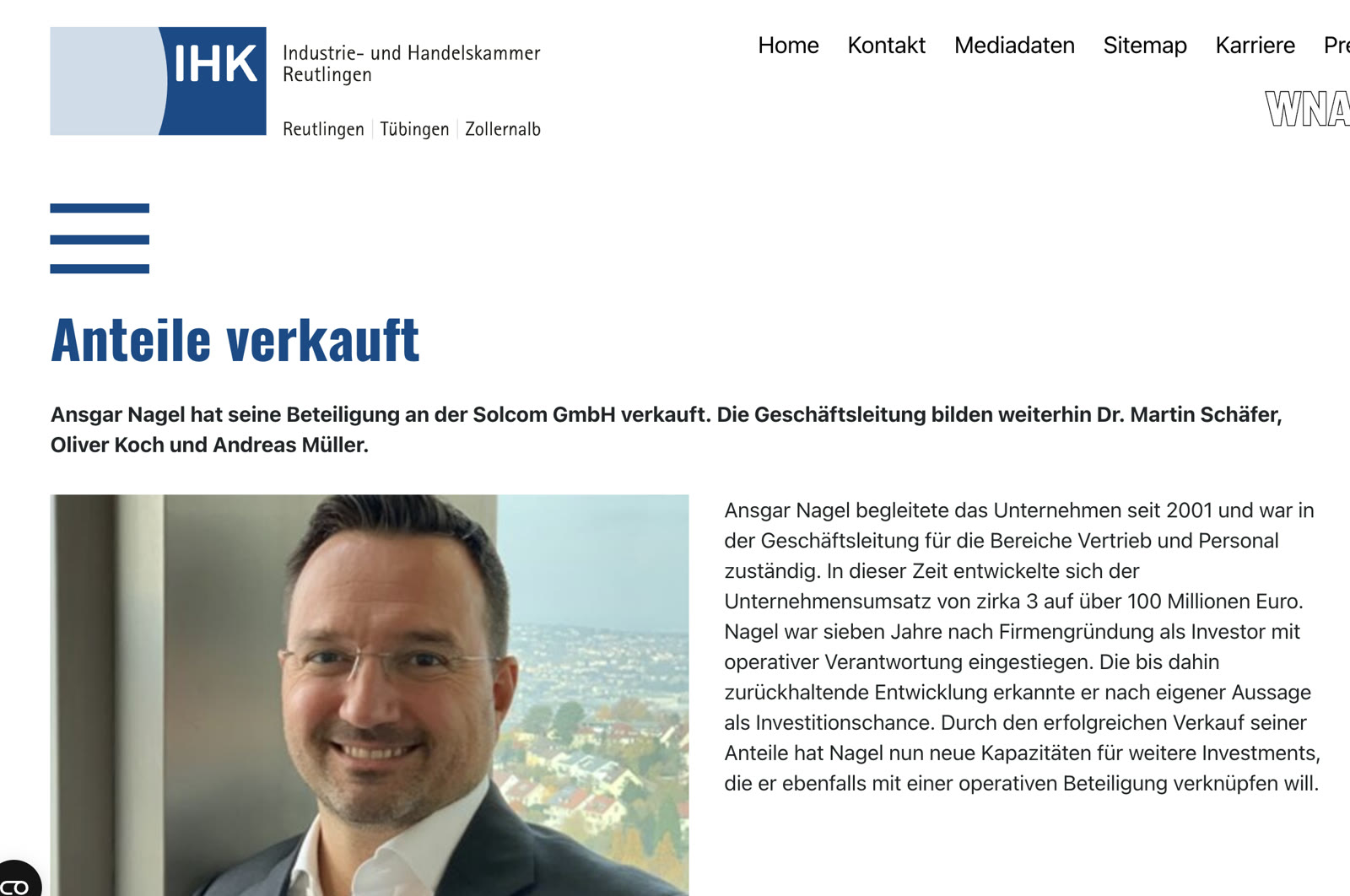 IHK Reutlingen, Firmennachrichten: Anteile verkauft — Ansgar Nagel hat seine Beteiligung an der Solcom GmbH verkauft