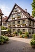 Großes Fachwerkhaus mit grünen Fensterläden und Blumenkästen, umgeben von Pflanzen und einem gepflasterten Hof.
