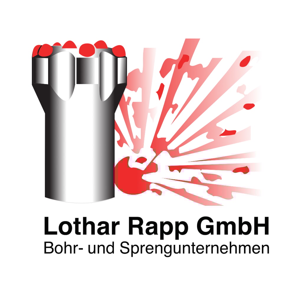 Lothar Rapp GmbH Logo: Bohrer mit roter Explosion und Text "Bohr- und Sprengunternehmen".