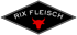 Schwarzes rautenförmiges Logo mit weißem Rand, weißem Text „RIX FLEISCH“ und rotem Stierkopf in der Mitte.