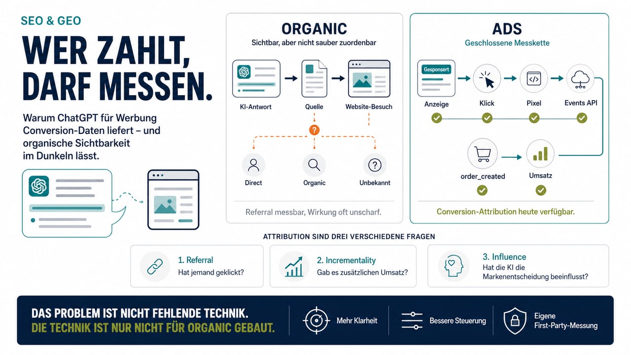 Infografik zur Attribution in KI-Antworten: Organische Sichtbarkeit über ChatGPT bleibt oft Direct, Organic oder unbekannt zugeordnet, während Werbung über Pixel und Events-API bis zum Umsatz messbar ist.