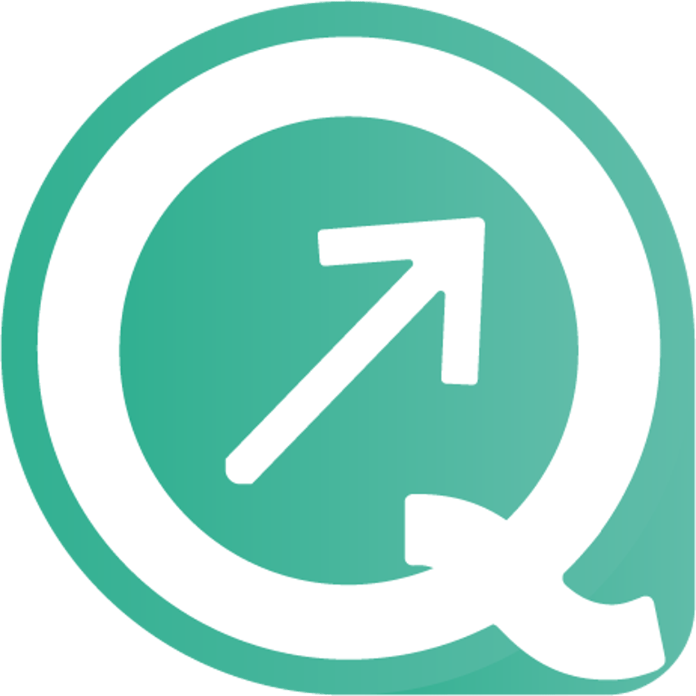 Ein weißes "Q"-Logo mit einem nach oben rechts zeigenden Pfeil in der Mitte auf einem grünen Kreis.