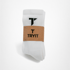 Drei Paar weiße Socken mit schwarzem "TRYIT"-Logo und brauner Banderole.