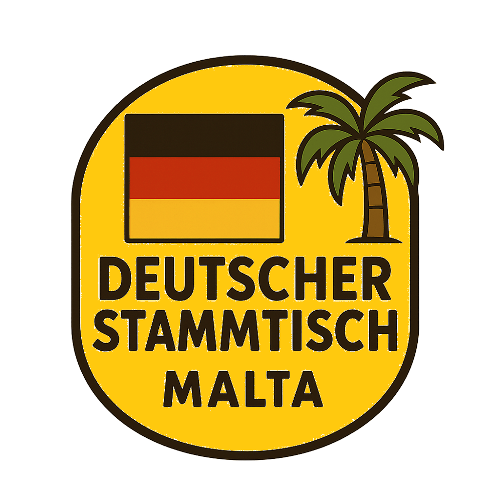 Gelbes Logo mit deutscher Flagge, Palme, Text "DEUTSCHER STAMMTISCH MALTA".