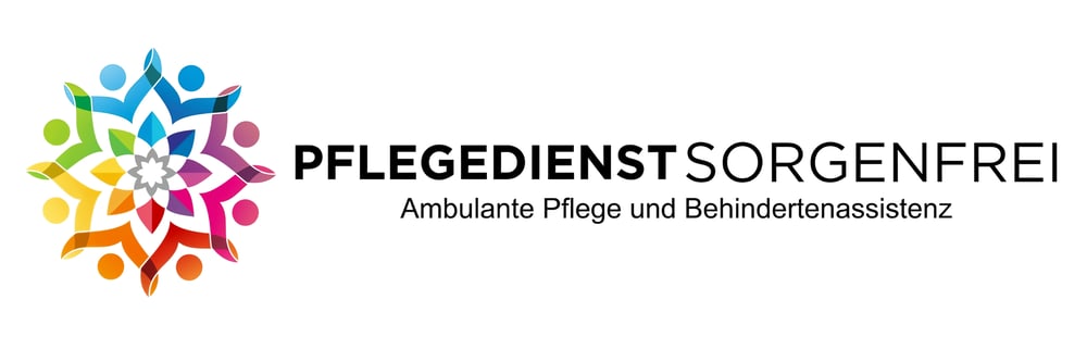 Logo: Buntes Sternsymbol aus stilisierten Personen; Text: PFLEGEDIENST SORGENFREI, Ambulante Pflege und Behindertenassistenz.