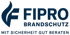 Blaues Logo von FIPRO Brandschutz mit dem Slogan „Mit Sicherheit gut beraten“ und einem stilisierten Flammensymbol.