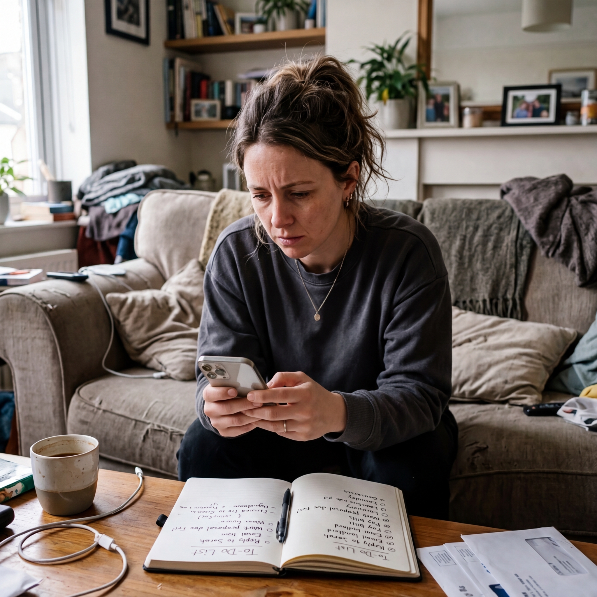 Frau sitzt entspannt am Tisch mit einer Tasse Kaffee