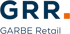 GRR Garbe Retail Logo mit dunkelblauen Großbuchstaben und einem orangefarbenen Quadrat.