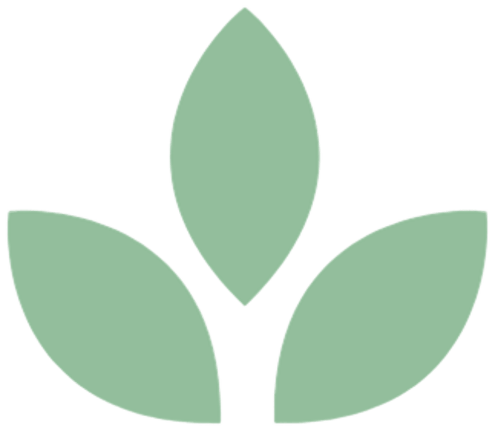 Drei hellgrüne, blattförmige Ovale mit weißen Rändern auf dunkelgrünem Hintergrund.