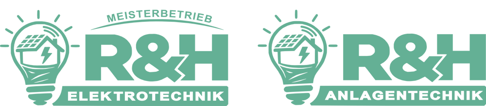 Logo von R&H Elektrotechnik und Anlagentechnik mit Glühbirne, Haus-Symbol und Solarpanel auf schwarzem Hintergrund.