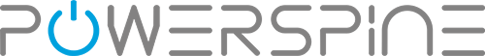 Schriftzug POWERSPINE in grauer, moderner Schrift auf schwarzem Grund mit einem blauen Power-Symbol als Buchstabe O.