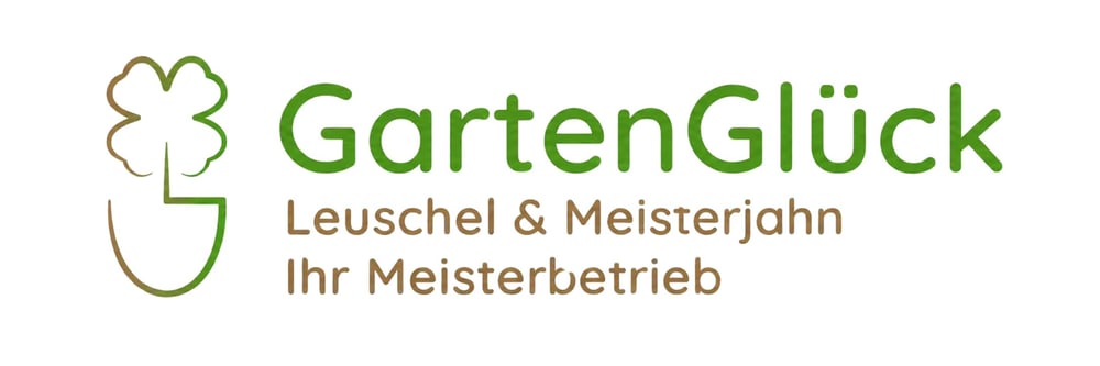 Logo GartenGlück Leuschel & Meisterjahn Ihr Meisterbetrieb mit grünem Kleeblatt auf schwarzem Hintergrund.