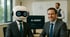 Ein Roboter und ein Mann in Anzügen lächeln neben einem Monitor mit der Aufschrift „AI AGENT“.