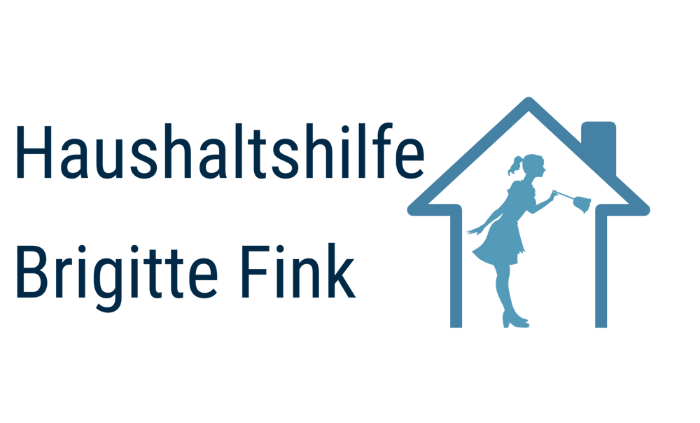 Logo der Haushaltshilfe Brigitte Fink mit blauem Hausumriss und Silhouette einer putzenden Frau auf schwarzem Grund.