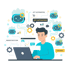 Mann arbeitet am Laptop, umgeben von miteinander verbundenen Robotern und Beschriftungen wie "GPT AUTOMATION", "MARKETING FLOW", "CHATBOT".
