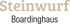 Der in Serifenschrift gesetzte beige Schriftzug Steinwurf auf schwarzem Hintergrund.