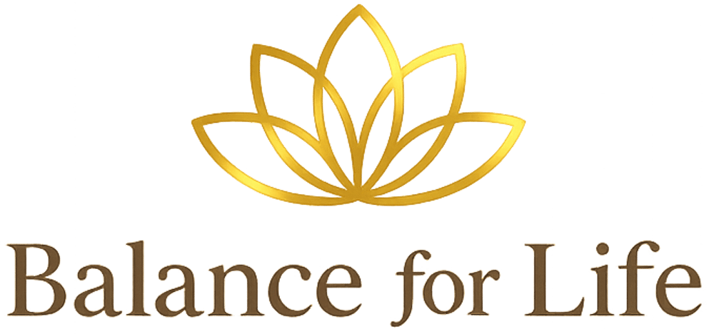 Orangefarbenes Lotusblumen-Logo und violetter Text "Balance for Life".