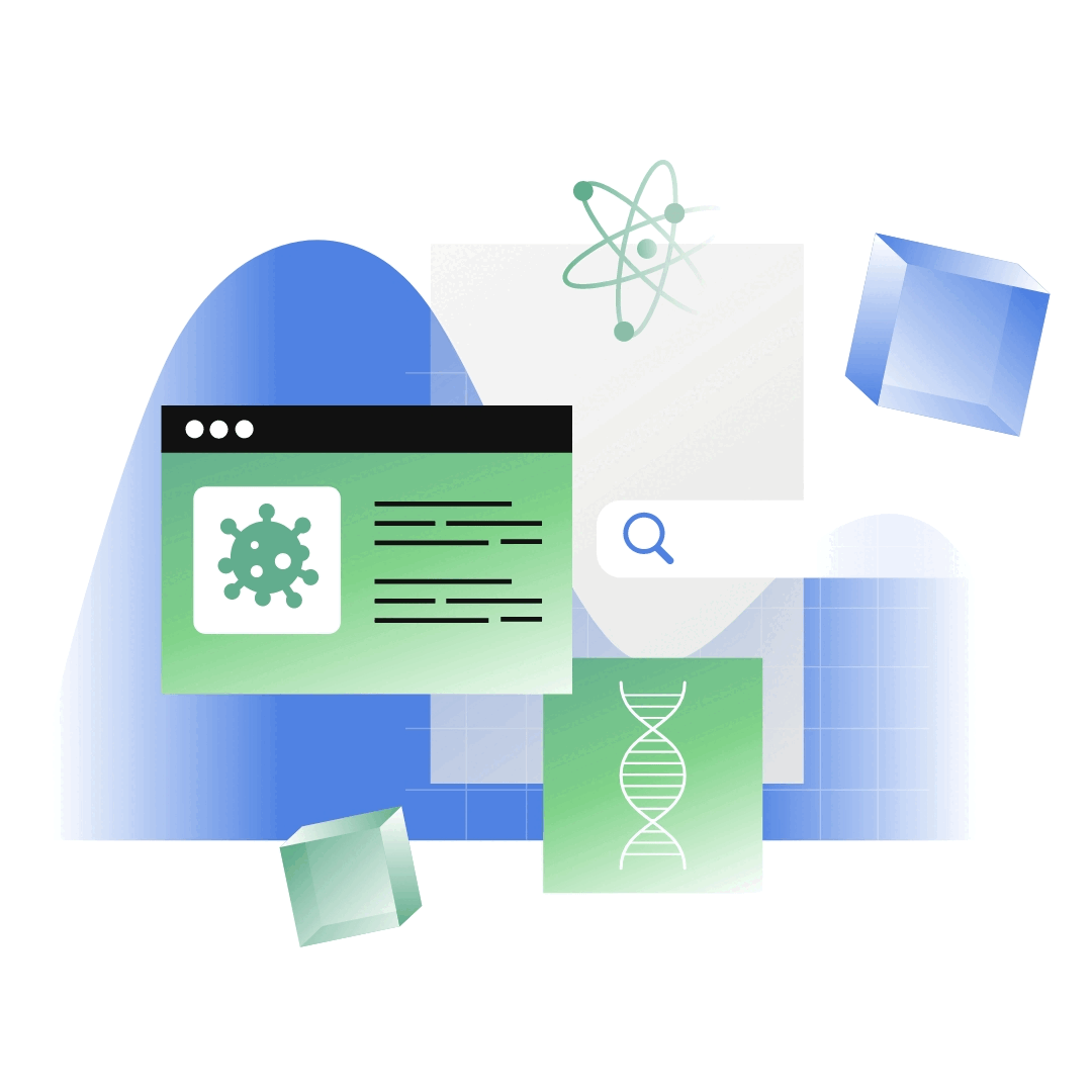 Eine Illustration mit einer Webseite, die ein Virus-Symbol zeigt, einer Suchleiste und einer DNA-Doppelhelix.