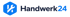Handwerk24 Logo mit einem blauen Sechseck, das einen Gabelschlüssel enthält, neben dem Markennamen auf schwarzem Hintergrund.