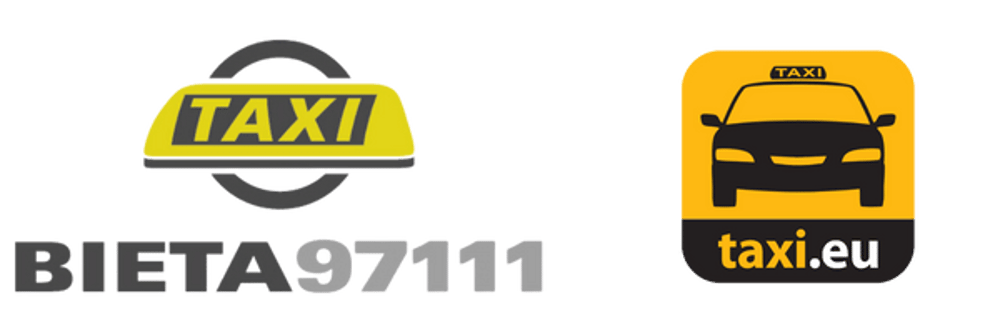 Zwei Taxi-Logos: Links ein gelbes Taxi-Schild mit "TAXI" und "BIETA 97111", rechts ein schwarzes Taxi auf gelbem Grund mit "taxi.eu".