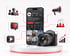 Smartphone mit Social-Media-Profil, Kamera und Icons für Marketing, Video und Wachstum auf einem Podest.