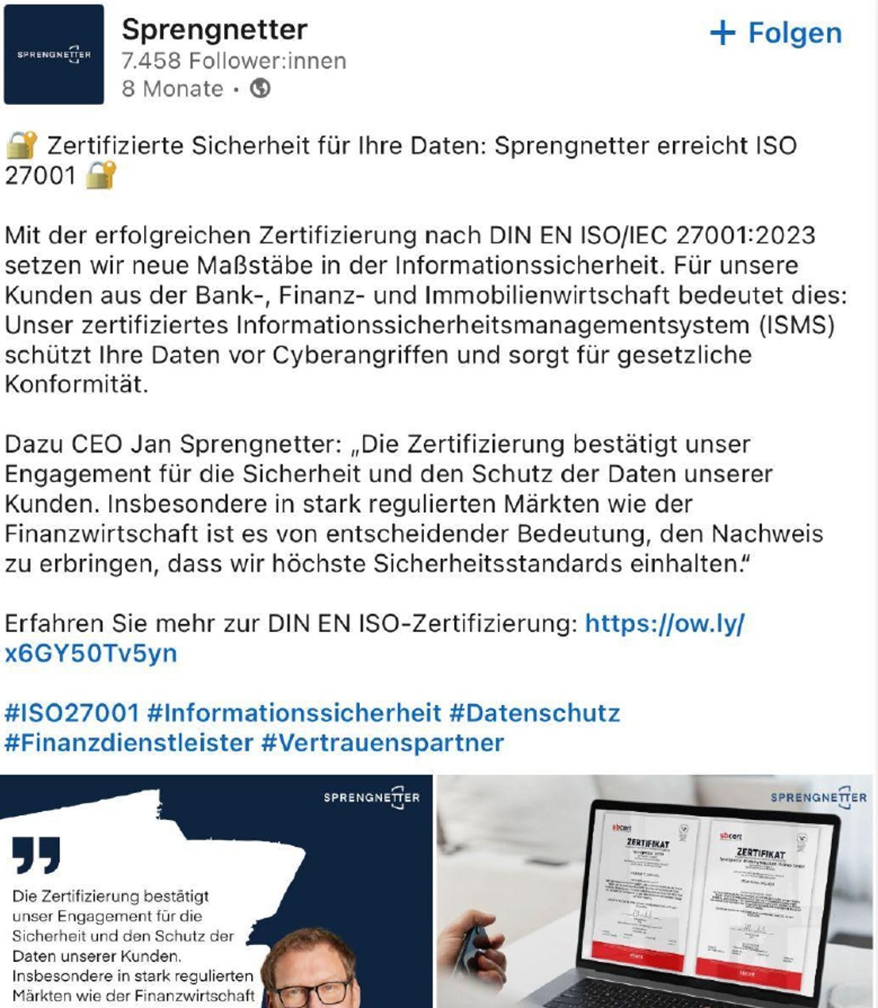 LinkedIn Beitrag von Sprengnetter-Gruppe