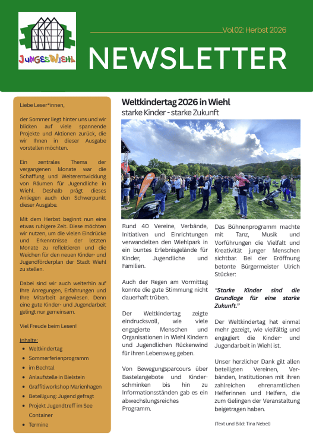 Newsletter "Junges Wiehl" mit  Texten zu Jugendarbeit, Stadt-SV Beteiligung und Inhalten der ersten Ausgabe.