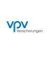 Blaues VPV Logo mit dem grauen Schriftzug Versicherungen auf schwarzem Hintergrund.