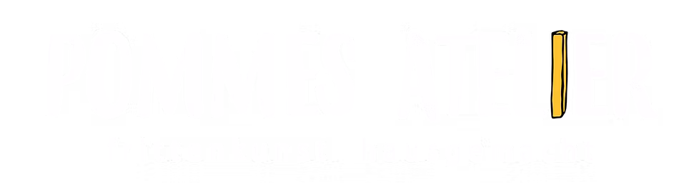 Schriftzug Pommes Atelier mit dem Slogan Frittenkunst hausgemacht und einer einzelnen gelben Pommes als Buchstabe I.