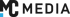 Schwarzes Logo mit den Worten "MC MEDIA" und einem kleinen blauen Quadrat unten links.