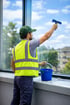 Ein Fensterputzer in leuchtend gelber Weste und grüner Kappe reinigt ein großes Fenster mit einem Abzieher.