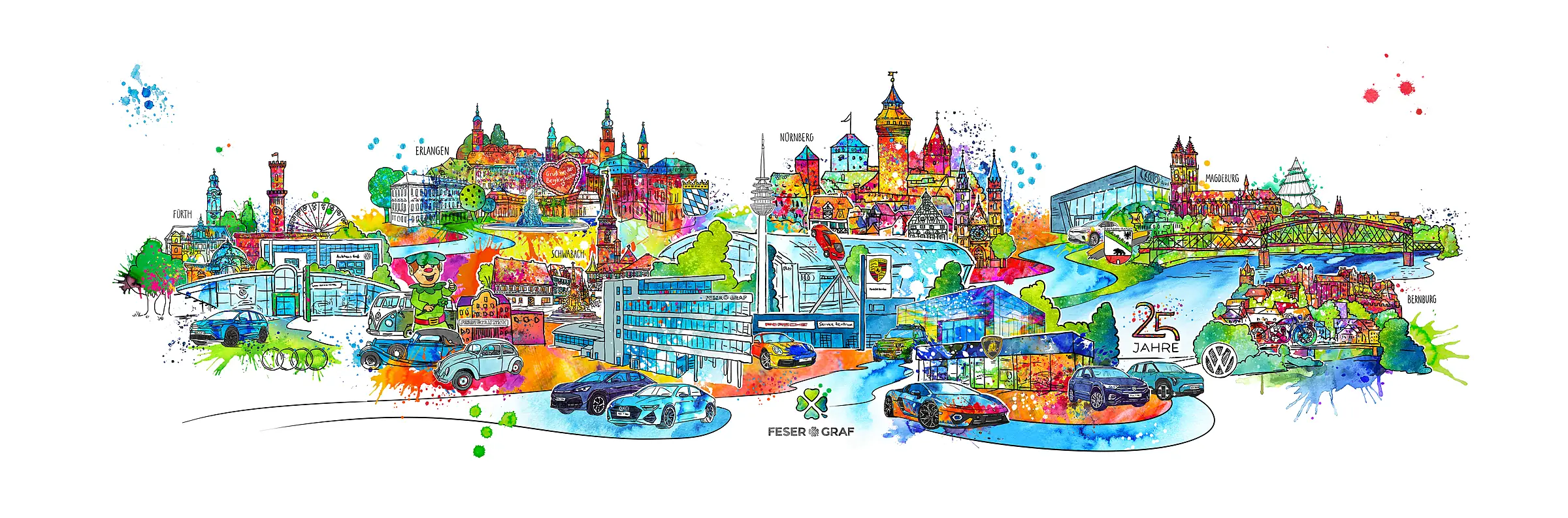 Illustriertes Kunstwerk für Feser & Graf mit Städten der Region
