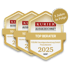 Drei goldene Sechsecke mit der Auszeichnung "KURIER AUSGEZEICHNET TOP BERATER 2025" für FIDUNA Vermögensberatung GmbH.