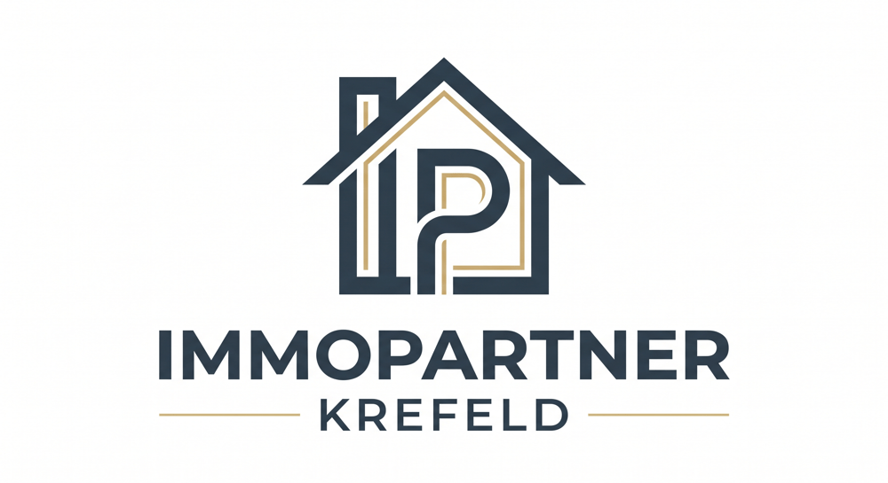 Logo: IMMOPARTNER KREFELD, stilisierte schwarze Hauskontur mit goldenem "IP" im Inneren.