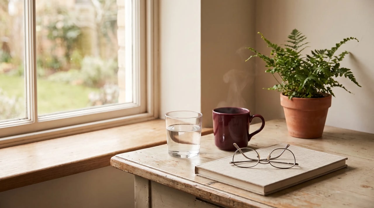 Calm desk by the window with a glass of water, a cup of tea and reading glasses (AI-generated image)