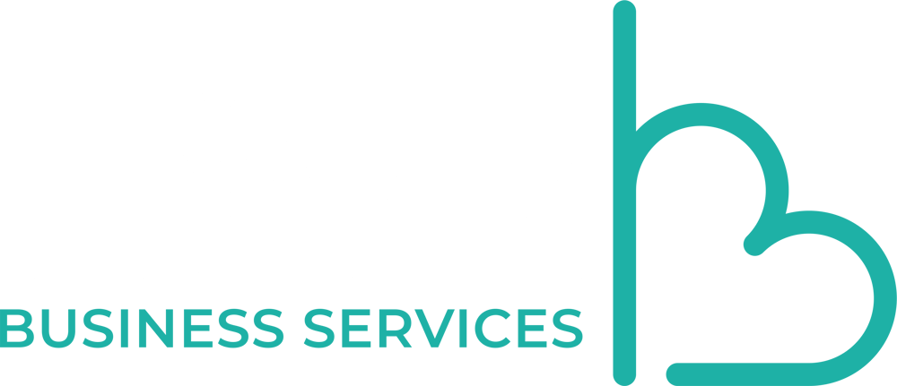 Türkises Logo mit dem Schriftzug BUSINESS SERVICES und einem abstrahierten, herzförmigen Buchstaben B daneben.