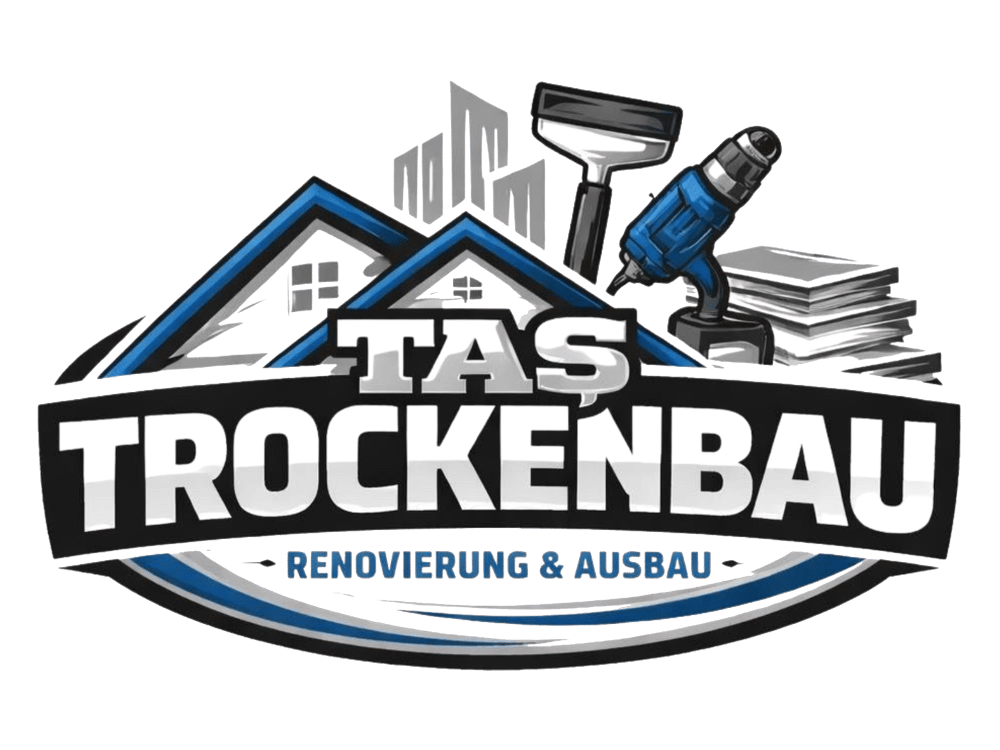 Logo: "TAS TROCKENBAU" mit "RENOVIERUNG & AUSBAU" darunter, Dachsilhouette und Baustellenwerkzeugen.