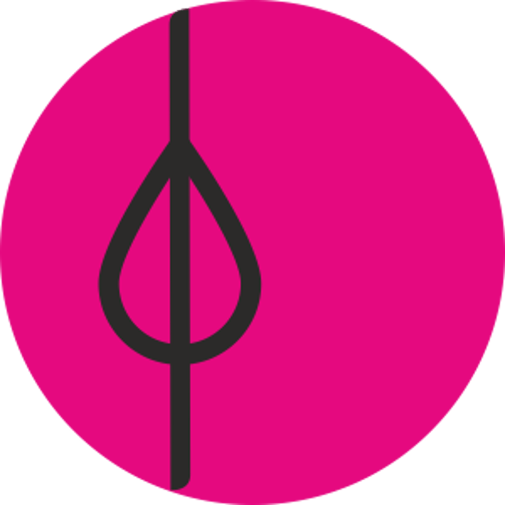 Ein magenta-farbener Kreis mit einer schwarzen, vertikalen Linie, die mittig eine Tropfenform umschließt.