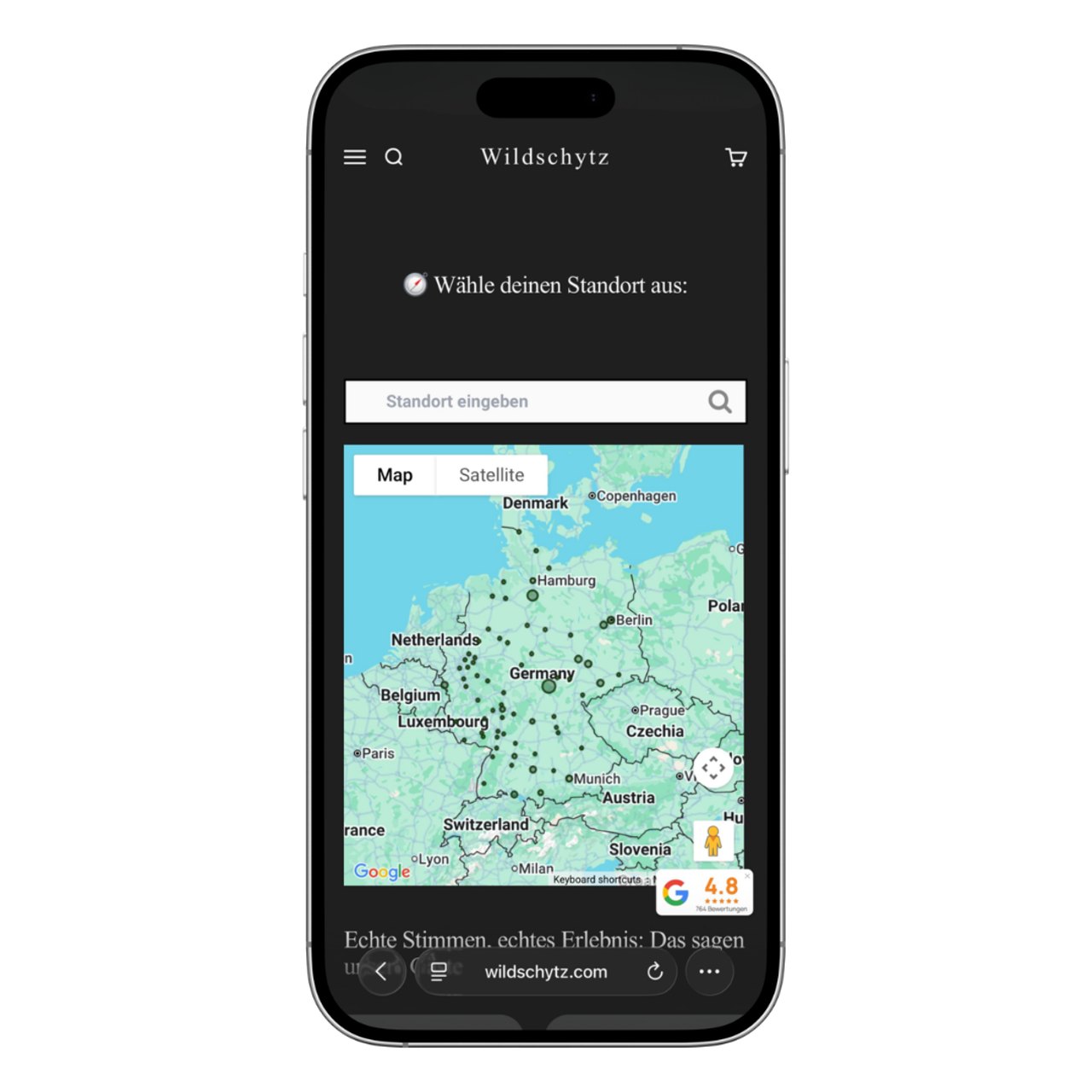Smartphone zeigt Wildschytz-App mit Karte von Deutschland, Standortauswahl und Text "Wähle deinen Standort aus".