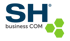 SH business COM Logo in Blau und Grau, mit drei grünen, verbundenen Sechsecken.