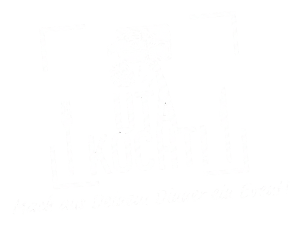 Logo "UTA KOCHT! – Mach aus Deinem Dinner ein Event!" mit Illustrationen von Schneidebrett, Besteck und Gemüse.