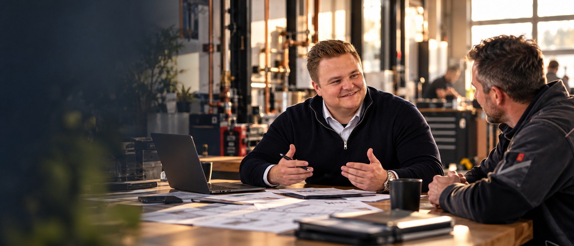 Matthias Niehaus im Gespräch mit einem Handwerker am Werkstatttisch