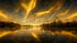 Goldene, wirbelnde Wolken spiegeln sich in einem ruhigen See, umgeben von dunklen Bäumen unter einem Dämmerungshimmel.