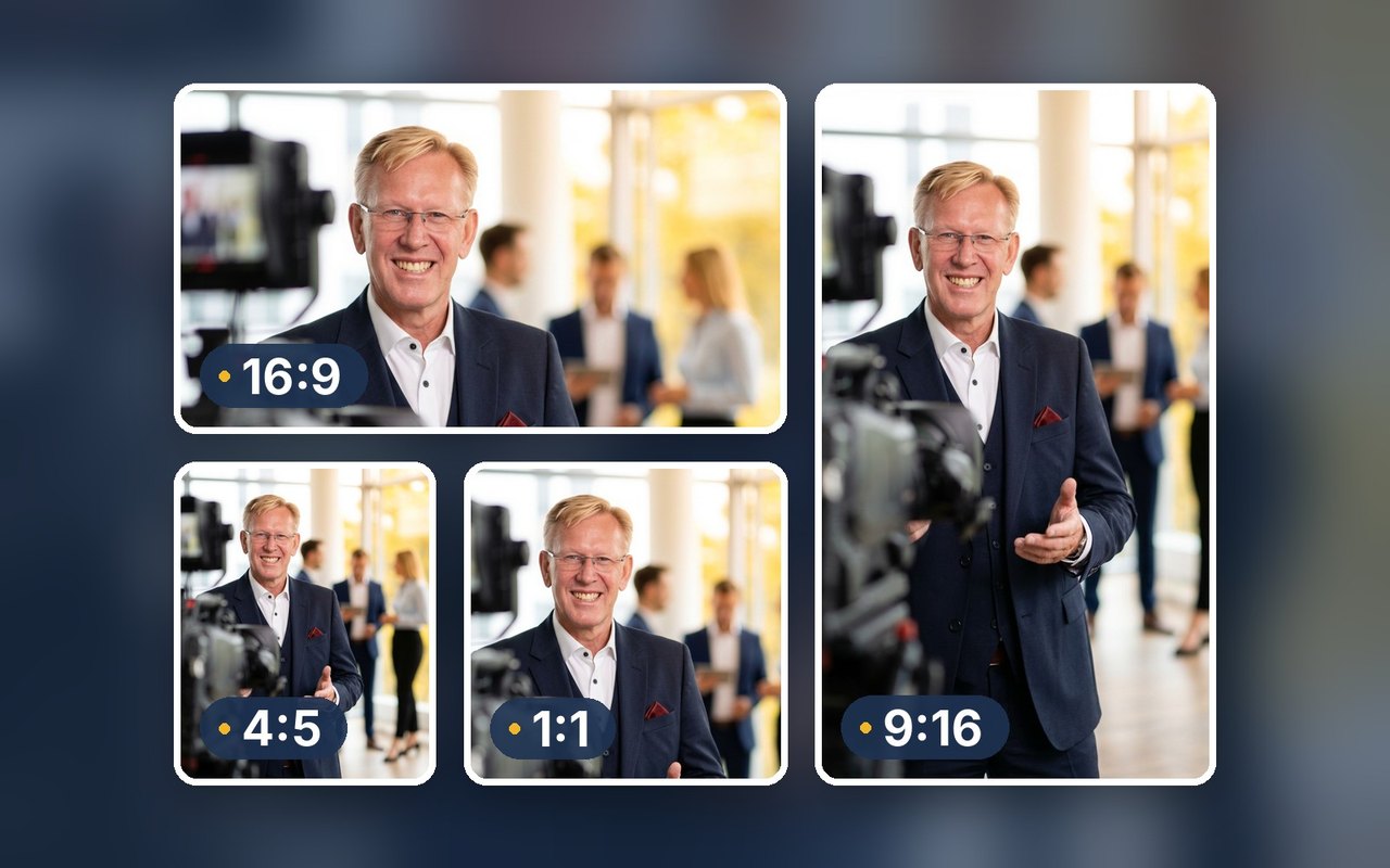 Business-Dreh am Filmset: dieselbe Szene als 16:9, 9:16, 4:5 und 1:1