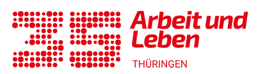 Arbeit und Leben Thüringen Logo in Rot auf dunklem, strukturiertem Hintergrund.