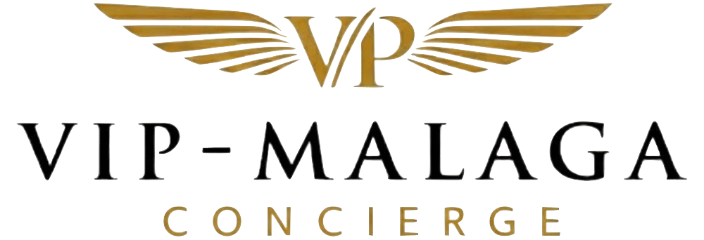Goldene Flügel über den Buchstaben „VP“, darunter „VIP-MALAGA CONCIERGE“ in Schwarz und Gold auf grünem Hintergrund.