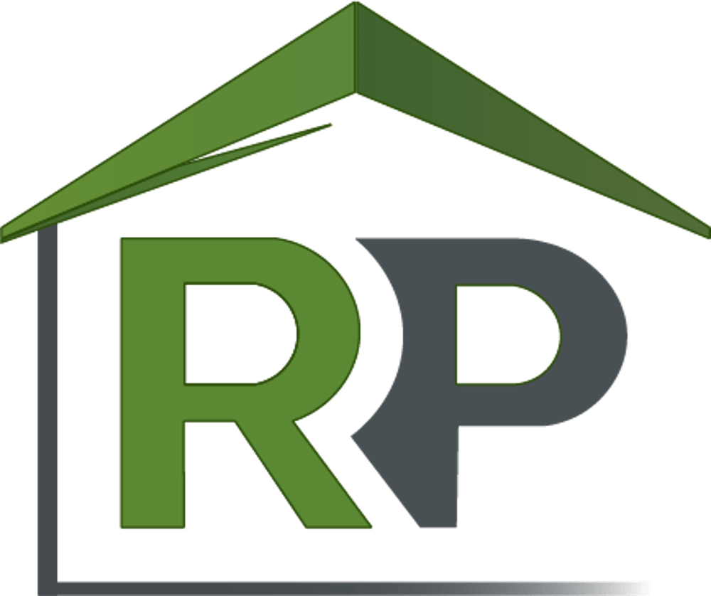 Grünes und graues "RP" Logo mit einem stilisierten Hausdach darüber.