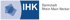 Logo der IHK Darmstadt Rhein Main Neckar mit blauem Symbol aus sich kreuzenden Linien und weißem Text.