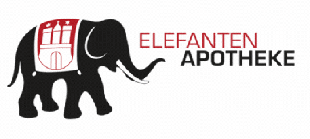 Schwarzer Elefant mit rotem Wappen auf dem Rücken und Text "ELEFANTEN APOTHEKE"